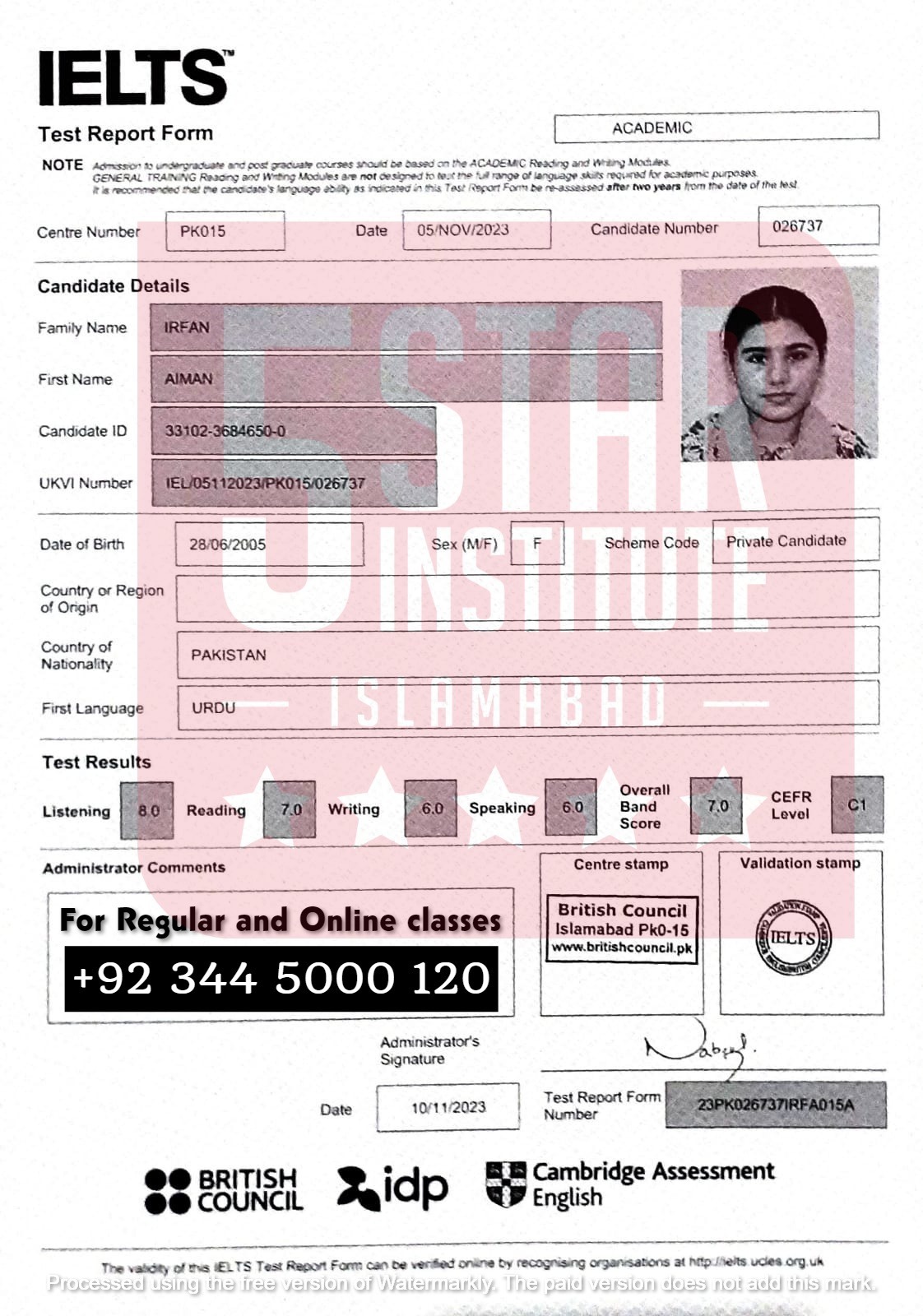 Student IELTS score card 1