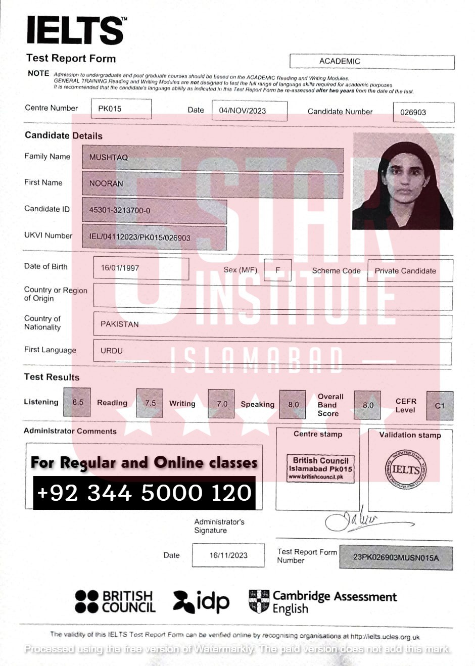 Student IELTS score card 2