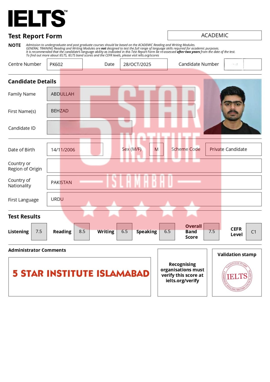 Student IELTS score card 3